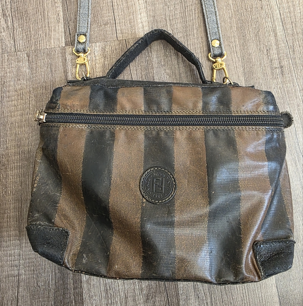 FENDI Pequin Striped Crossbody Bag Upcycled Designer Authentic Flawed Preppy Y2K - Picture 3 of 16